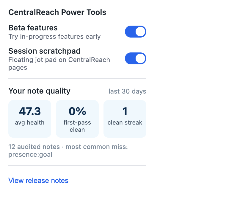 Extension popup with Beta features and Session scratchpad toggles, and the note quality score card