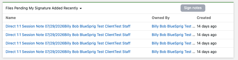 The Files Pending My Signature Added Recently widget with the Sign notes button in its title bar