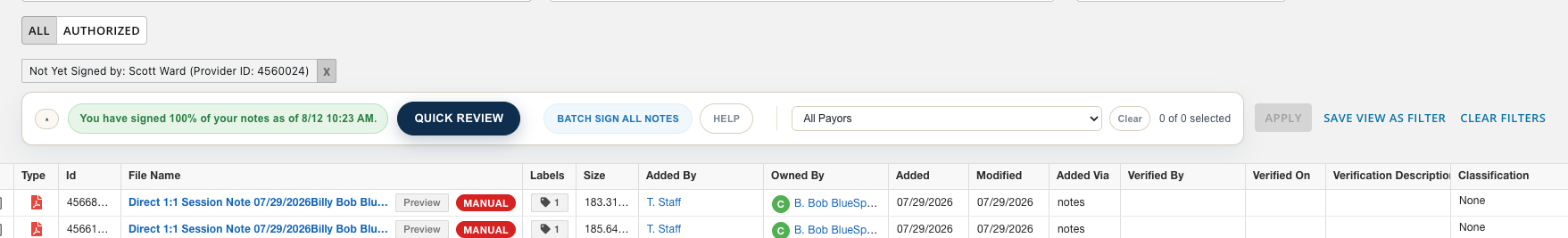The Files page with the Quick Review bar expanded: signed-percentage chip, QUICK REVIEW, BATCH SIGN ALL NOTES, HELP and the payor filter, with a small caret toggle at its left edge
